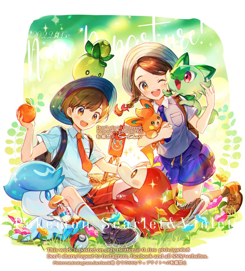 rotom pokemon (creature) starter pokemon trio 1boy 1girl brown hair school uniform orange necktie  illustration images