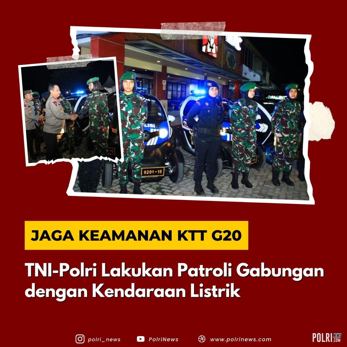 kalinalagi's tweet photo. Untuk menjaga keamanan KTT G20 TNI Polri lakukan patroli gabungan dengan kendaraan listrik 
#SuksesKTTG20Indonesia
Partisipasi Seluruh Pihak https://t.co/njZWDdkxJ8