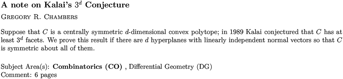 arxiv.org/abs/2211.09215…
G R Chambers
A note on Kalai's $3^d$ Conjecture