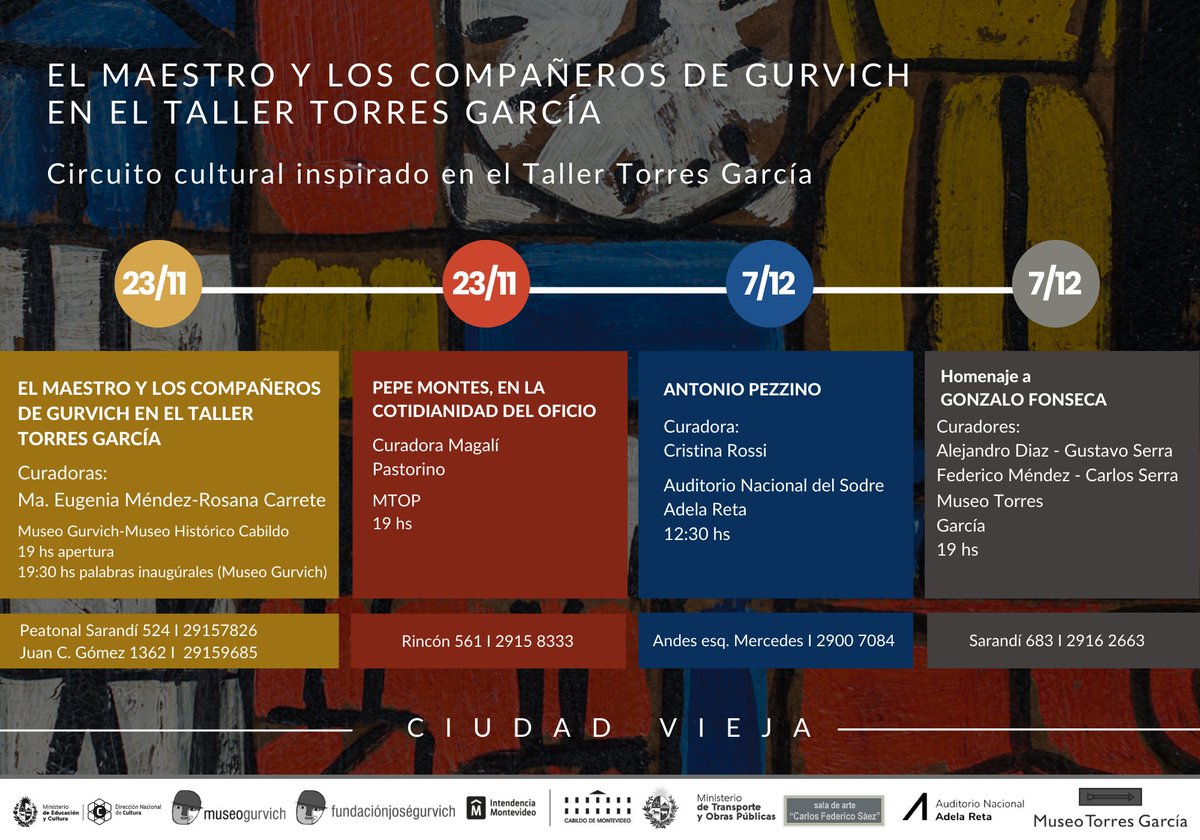 Miércoles 23 de noviembre, 19 h, inauguración Maestro y compañeros de Gurvich en el Taller Torres Garcia.
<a href="/MuseoGurvich/">@MuseoGurvich</a> @CabildodeMvd <a href="/MuseosUruguay/">Museos del Uruguay</a> <a href="/IMcultura/">Montevideo Cultura</a>