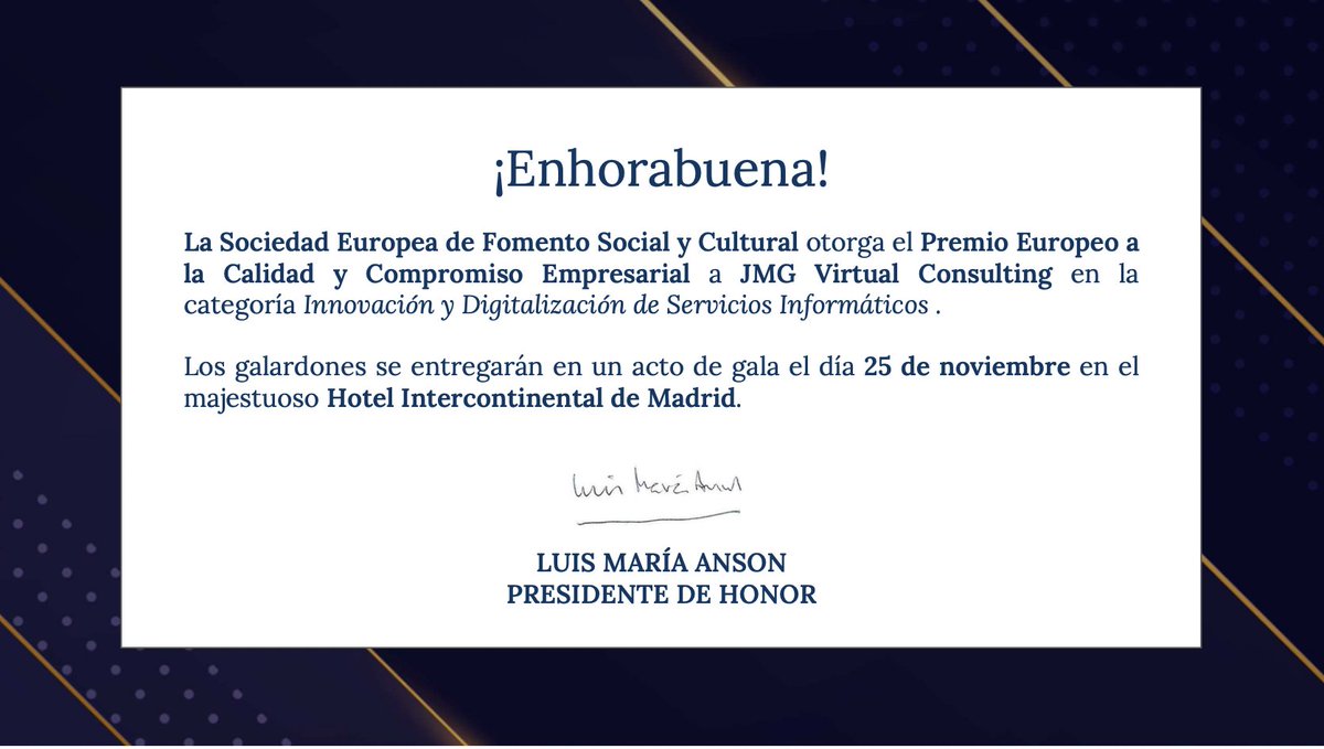 Hoy estamos de enhorabuena, recibimos el Premio Europeo a la Calidad Empresarial en la categoría de Innovación y Digitalización de Servicios Informáticos por la Sociedad Europea de Fomento Social y Cultural. Muchas gracias 👇

#JMGTeam