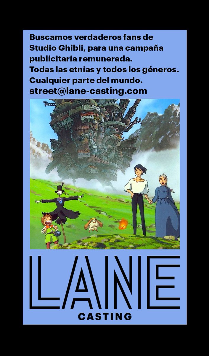LANECasting's tweet photo. @cielitOMmOrado En LANE Casting estamos trabajando en un proyecto remunerado en el que buscamos a personas que sean fanáticas del Studio Ghibli de mas de 16 años, de cualquier etnia o género. 
Enviar a street@lane-casting.com con asunto "CASTING GHIBLI":
- Nombre:
- Edad:
- Ciudad de residencia: https://t.co/ZQNIDJnM5i