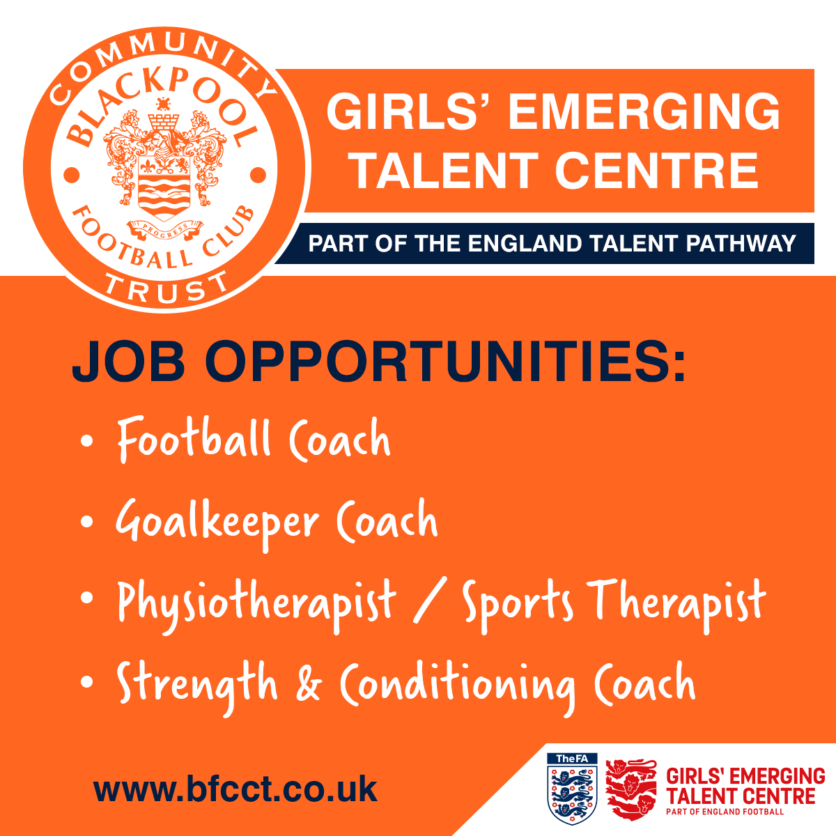 BFCCT_'s tweet photo. We have 4 new job opportunities to help develop girls' football ⚽

🔶 Football Coach
🔶 Goalkeeper Coach
🔶 Physiotherapist / Sports Therapist
🔶 Strength and Conditioning Coach

‼️ Closing date is Friday 9th December 2022 ‼️

To apply, click here 👉 https://t.co/K8hxkVCYiq https://t.co/nlclzvCtLS