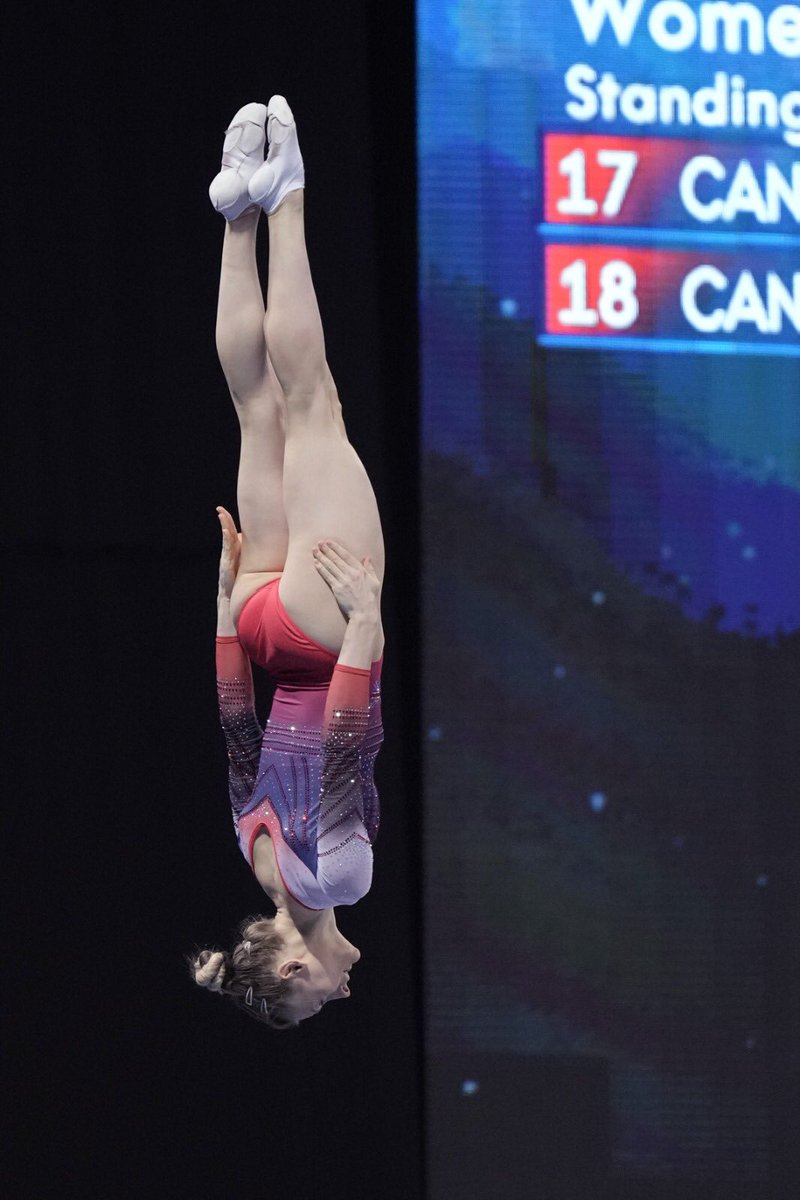 BritGymnastics's tweet photo. Women’s trampoline semi-final 🇬🇧

Bryony Page is through to the world final with a score of 56.910! 

She gets a 🔟 for her horizontal displacement score! That means every skill she just competed took place exactly in the centre of the trampoline. It was perfect!

#TRAWorlds2022 https://t.co/5uWkSCjK7L