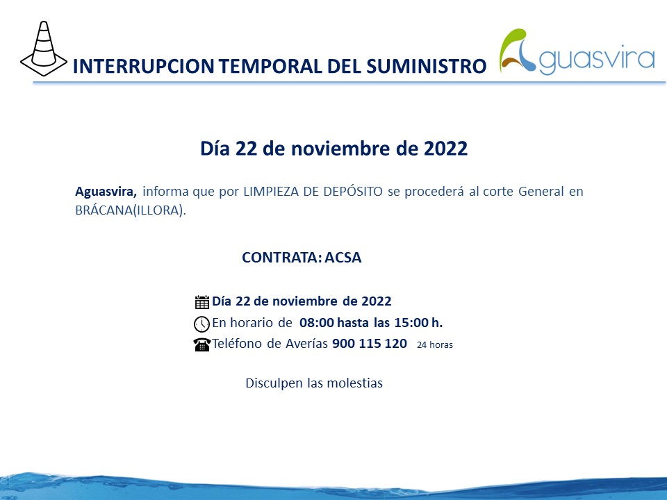 Aguasvira's tweet photo. 📢AVISO!!!
🗓️Corte General programado en #Bracana martes 22 de noviembre⏰De 8:00 a 15:00 h
👨🔧👩🔧Limpieza de depósito
Puede quedar afectada parcialmente, alguna zona adyacente.
Disculpen las Molestias. https://t.co/yuNhIGxCXr