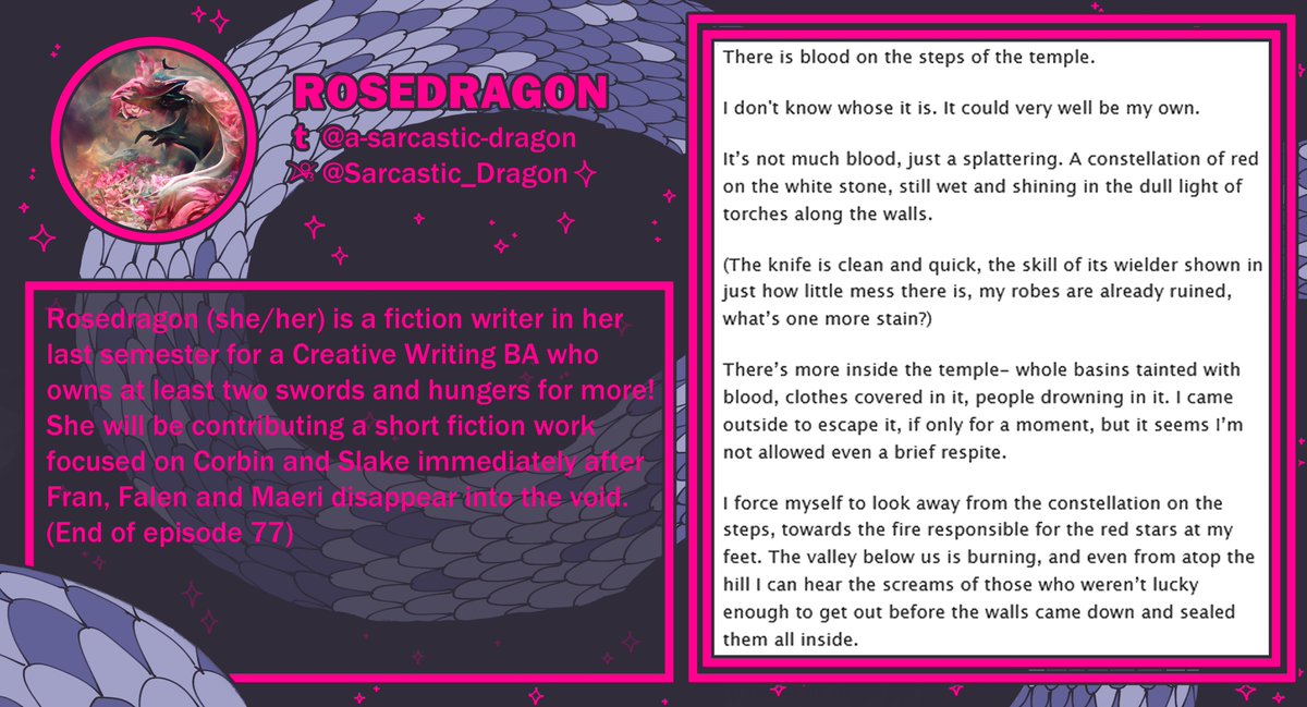 ･ﾟ:* Contributor Spotlight･ﾟ:*

Introducing our next contributor, Sophia!

They will be contributing as a long form writer for the zine.
#damesanddragons #rolltofallinlovezine