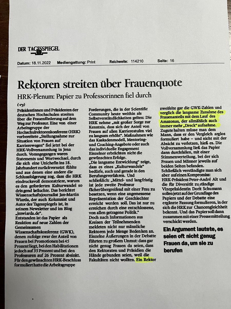 Dass sich <a href="/HRK_aktuell/">Hochschulrektorenkonferenz (HRK)</a> zur Chancengleichheit für Professorinnen in 2022 so Blößen gibt,ist beschämend.Zitat eines Rektors,der“arglos“ Zunahme des Frauenteils mit der langsamen Aufnahme des“Drecks“im Lauf des Amazonas verglich,entlarvt die arglose Denke <a href="/PeterAndreAlt16/">Peter-André Alt</a> <a href="/FidAReV/">FidAR</a>