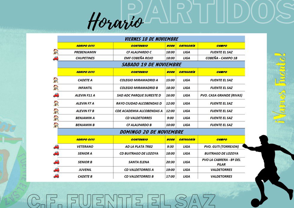 C.F. Fuente El Saz (@cffsaz) on Twitter photo ⏰Horario de los próximos partidos de este finde.
¿𝐓𝐞 𝐥𝐨𝐬 𝐯𝐚𝐬 𝐚 𝐩𝐞𝐫𝐝𝐞𝐫?
¡Vamos Fuente!💪🏼 ⏰Horario de los próximos partidos de este finde.
¿𝐓𝐞 𝐥𝐨𝐬 𝐯𝐚𝐬 𝐚 𝐩𝐞𝐫𝐝𝐞𝐫?
¡Vamos Fuente!💪🏼
