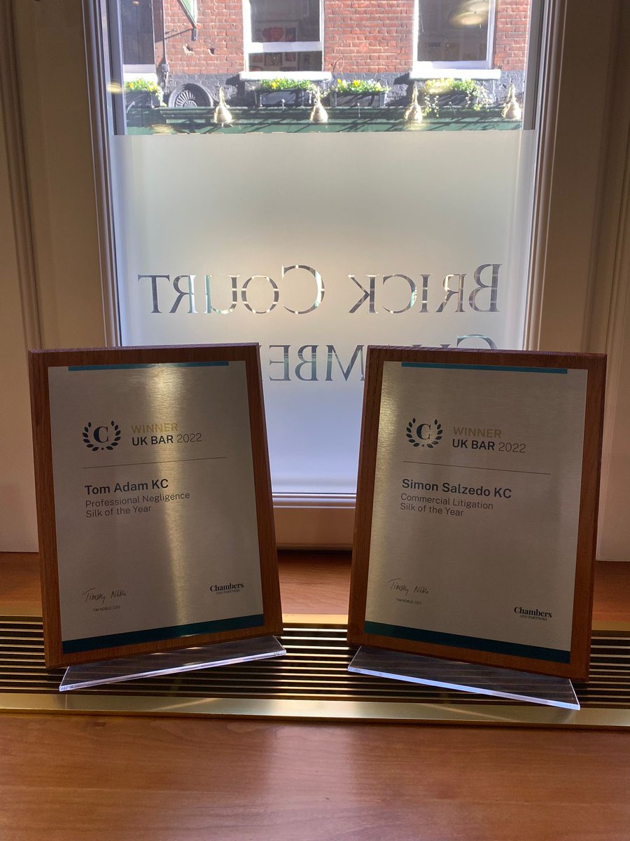 Brick Court is thrilled to have won two categories in the 2022 Chambers & Partners (@ChambersGuides) UK Bar Awards.

Tom Adam KC - Professional Negligence Silk of the Year

Simon Salzedo KC - Commercial Litigation Silk of the Year

#ChambersandPartners #ChambersUKBarAwards