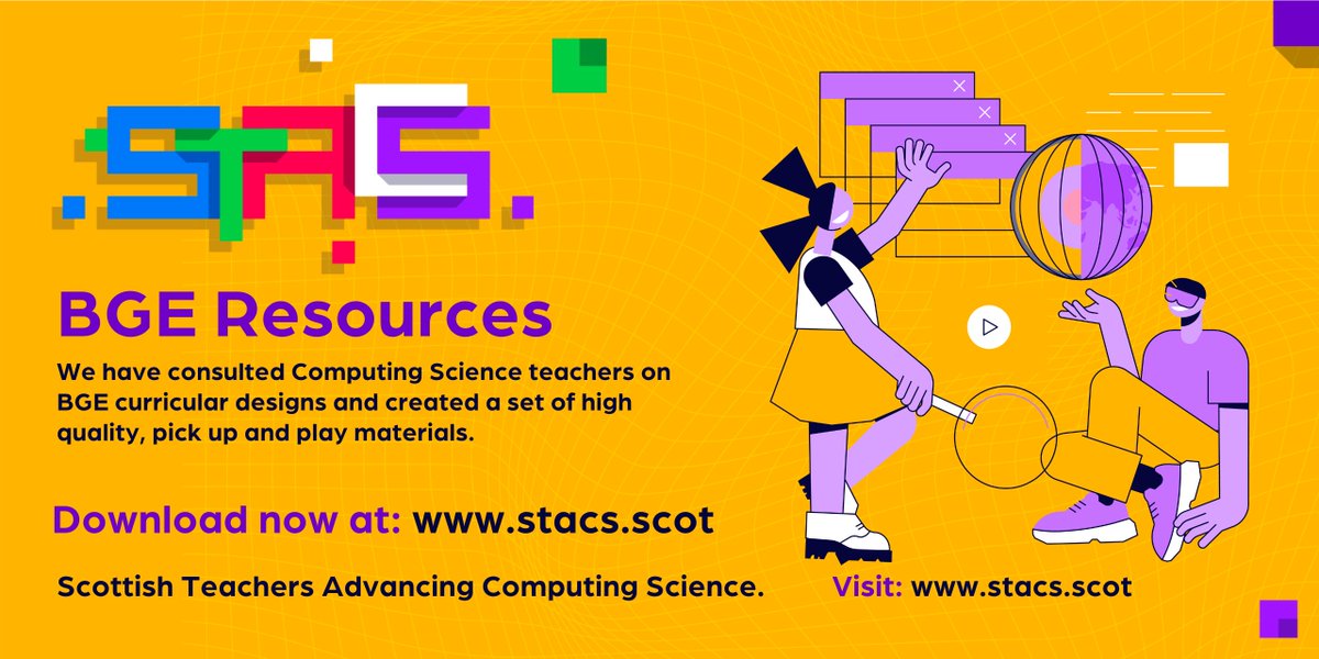 STACS is a central hub for all things Computing Science related. We have created high-quality pick up and play set of resources for popular BGE topics.

All resources are free for teachers to take, use and remix. 
Sign up at stacs.scot