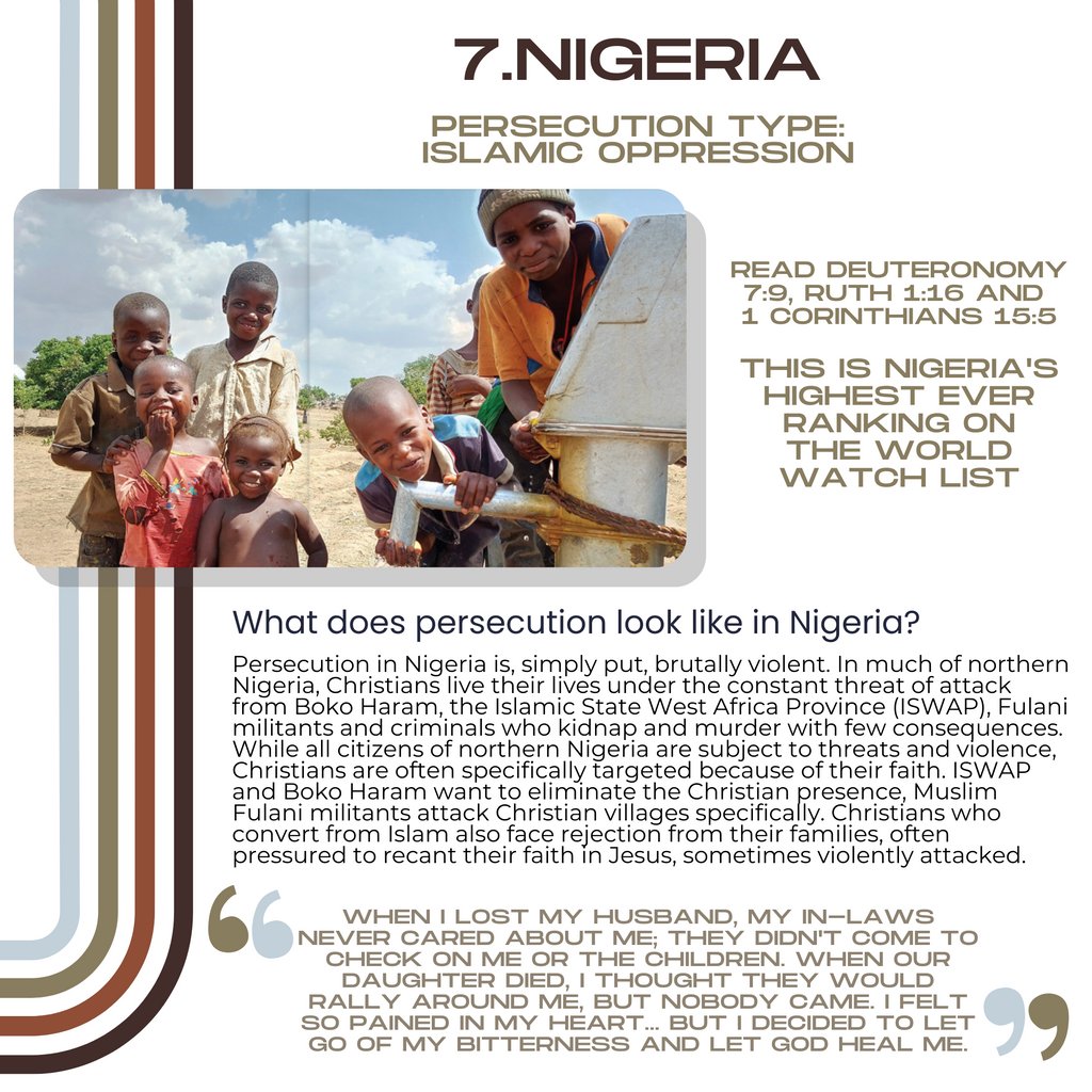 WePray40's tweet photo. Today we are praying for persecuted nation number 7, Nigeria.

Pray that Jesus will break down the barrier of unfaithfulness and replace it with loyalty.

Read Deuteronomy 7:9, Ruth 1:16 and 1 Corinthians 15:5.

⁠All photos and info came from Open Doors USA. https://t.co/Vrkky1KfN3