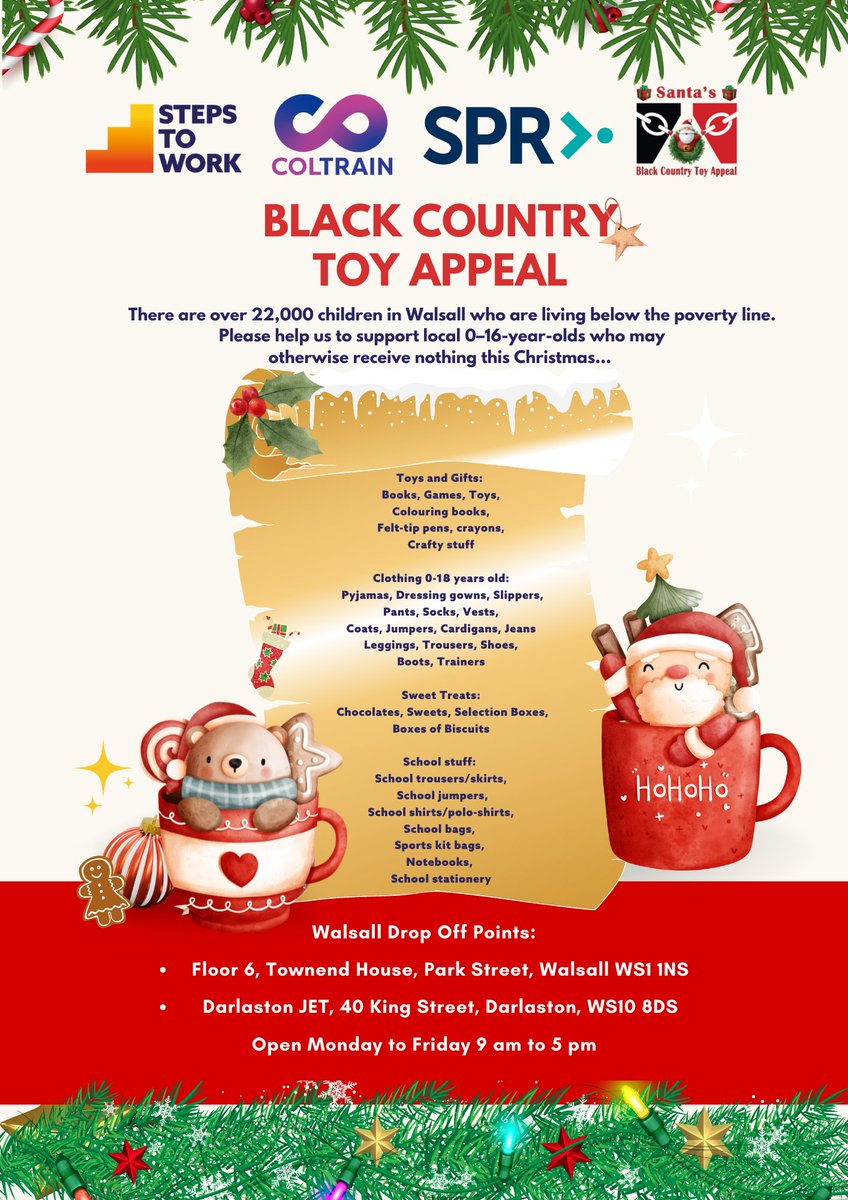 WeAreSPR_'s tweet photo. We are thrilled to support Operation Santa: The Black Country Toy Appeal! It aims to support the 104,265 children trapped in poverty throughout the Black County by asking for donations for local 0 - 16-year-olds who may otherwise receive nothing this Christmas.
#BCSanta https://t.co/fs0d2sDMda