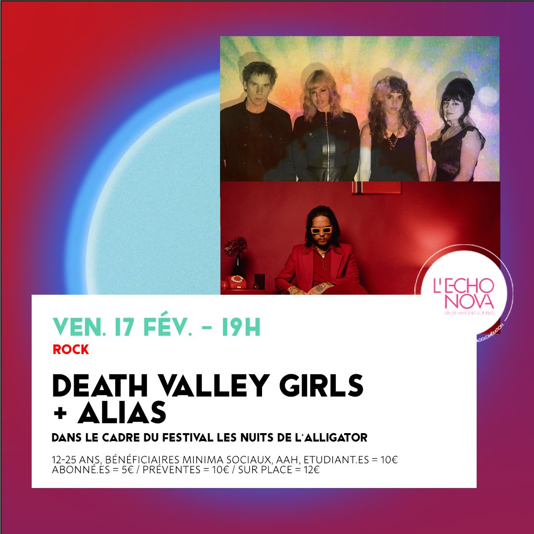 RDV le 17.02.23 pour le concert de <a href="/Deathvalleygrls/">Death Valley Girls</a> et ALIAS à L'Echonova, dans le cadre du Festival <a href="/NuitsAlligator/">LES NUITS DE L'ALLIG</a> !

Infos et billetterie 
➡lechonova.com/concert-exposi…

<a href="/SimoneRecords/">Simone Records</a> <a href="/UTurnTouring/">U-Turn Touring</a>