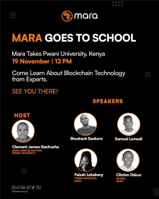 maraimpact's tweet photo. 🗣️Campus Tour updates🇰🇪 

Happening tomorrow in Pwani University, Kenya💥

Come Learn about Blockchain Technology from the experts. 

Are you ready?Mark your calenders 👇

Date:19th Nov.

Time:12pm

Event organised by Clement James, Mara Campus Captain.
#maratribe https://t.co/3cBrL1i5kY