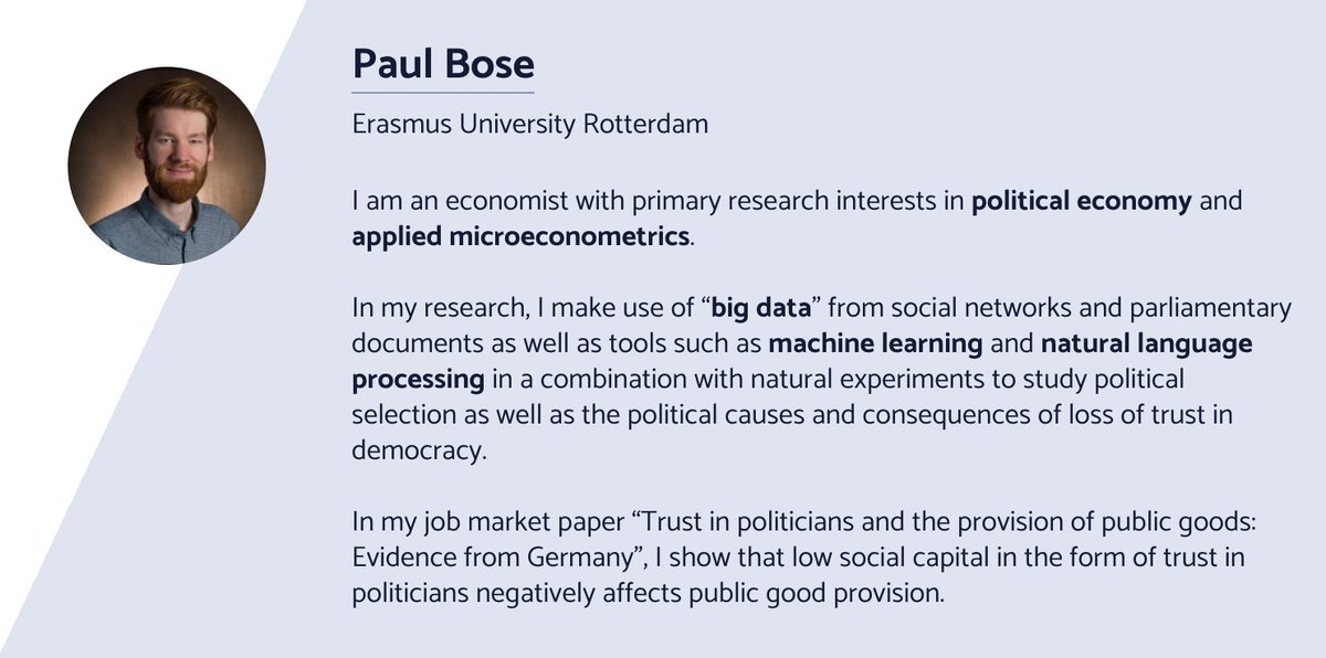 Tinbergen Institute (@researchti) on Twitter photo Paul Bose @paulromanbose <a href="/ErasmusESE/">ErasmusESE</a> <a href="/Unibocconi/">Università Bocconi</a> research interests are in political economy. In his JMP he uses text data to study consequences of loss of trust in politics.
Learn more about his work at: paulbose.com
#Econjobmarket #EconTwitter #tinbergeninstitute Paul Bose @paulromanbose <a href="/ErasmusESE/">ErasmusESE</a> <a href="/Unibocconi/">Università Bocconi</a> research interests are in political economy. In his JMP he uses text data to study consequences of loss of trust in politics.
Learn more about his work at: paulbose.com
#Econjobmarket #EconTwitter #tinbergeninstitute