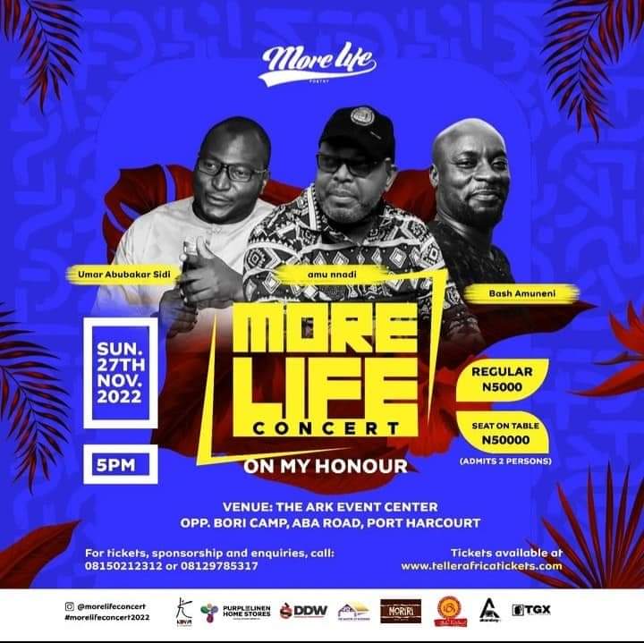 Join us and many others at the More Life Concert #portharcourt 

<a href="/UmarSidi11/">Umar Abubakar Sidi</a>, <a href="/Bash_Amuneni/">Bash Amuneni</a> and <a href="/imanweze/">amunnadi</a> will be there.

<a href="/morelifeconcert/">More Life Concert</a>
<a href="/MoreLifePoetry/">More Life Poetry</a>
#morelifeconcert2022 #onMyHonour