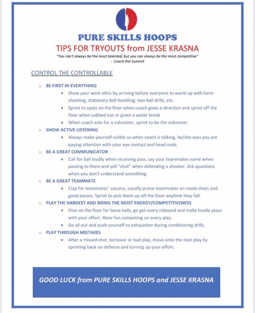 PureSkillsHoops's tweet photo. Best of luck to all the hoopers trying out for a team today! 

Here are some tips to help you get noticed by the coaches and evaluators… https://t.co/amiVBJfpxa