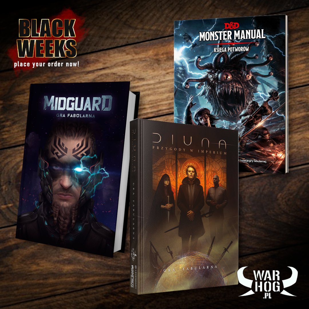 WarhogP's tweet photo. Today something for RPG players - Polish language versions of Midguard Gra Fabularna, Diuna - Przygody w Imperium and DnD 5e Księga Potworów are on sale for next 24h!
#rpg #diuna #diunarpg #midguard #midguardrpg #dnd #dnd5e #dungeonsanddragons #warhogpl #blackfriday #ignisart https://t.co/nwLJhsibf1