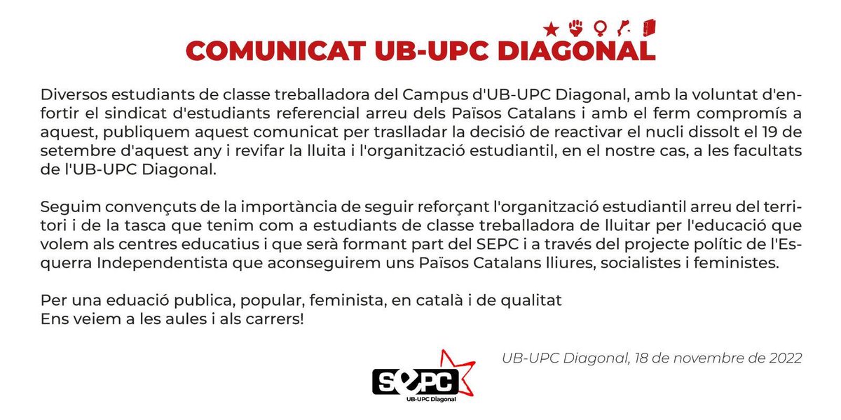 sepc_ubdiagonal's tweet photo. 🔴COMUNICAT DEL NUCLI D'UB-UPC DIAGONAL🔴

Estudiant, organitza't amb nosaltres! Contacta'ns💬 https://t.co/bpCawn9PWf