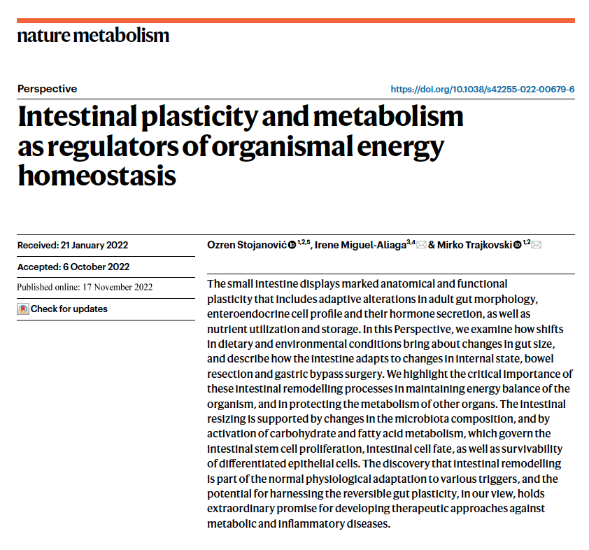 Mirko Trajkovski (@trajkovskimirko) on Twitter photo Did you know that the gut can grow and shrink? And that this intestinal remodelling impacts its capacity to take up calories?
Check out our latest paper (very nice collaboration with <a href="/FlyGutLab/">Irene Miguel-Aliaga</a>) on gut size just published in <a href="/NatMetabolism/">Nature Metabolism</a>.
Read here: rdcu.be/cZT8F Did you know that the gut can grow and shrink? And that this intestinal remodelling impacts its capacity to take up calories?
Check out our latest paper (very nice collaboration with <a href="/FlyGutLab/">Irene Miguel-Aliaga</a>) on gut size just published in <a href="/NatMetabolism/">Nature Metabolism</a>.
Read here: rdcu.be/cZT8F