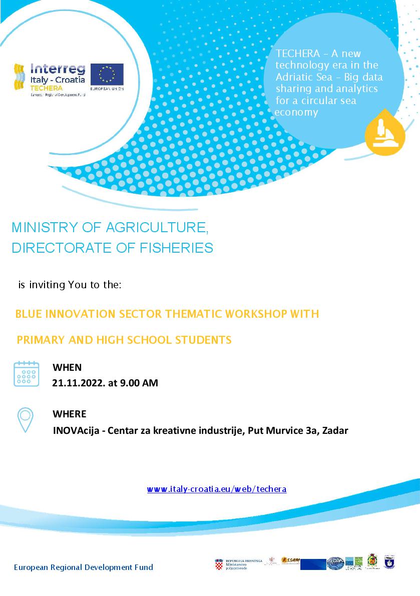 AdriReef2019's tweet photo. Zadar 21.11.2022 (9.00 AM)
@TecheraProject is organizing a workshop for primary and secondary school students on the innovation in blue sectors 
@ItalyCroatia https://t.co/UizA5rmY1V