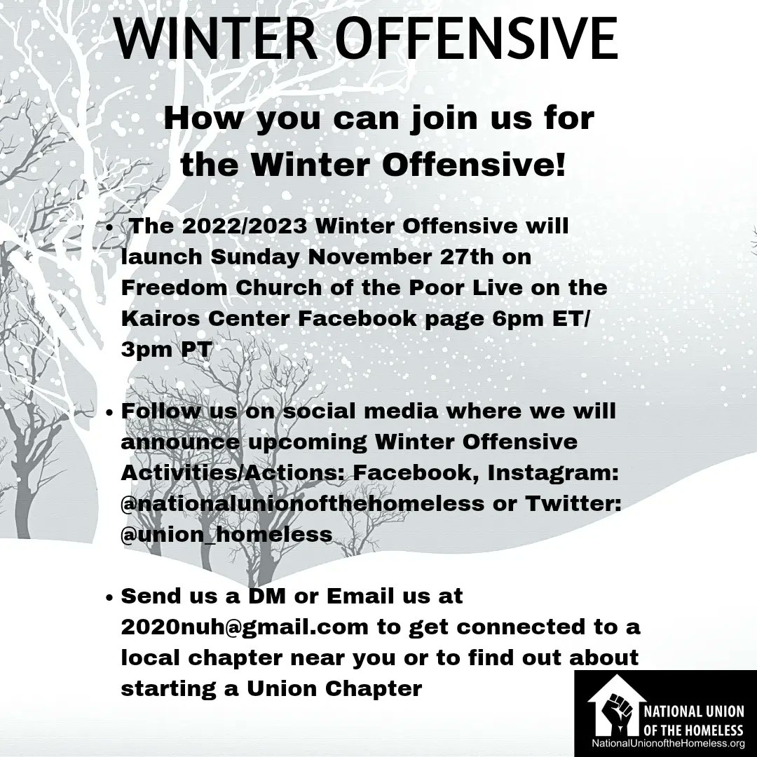 union_homeless's tweet photo. Join us and our partner organizations as we engage in our 2022/2023 Winter Offensive OrganizingDrive! We demand our #HumanRight to #Housing and NO MORE DEATHS IN THE STREETS!  #WinterOffensive #UniteThePoor #PowerNotPity #HomelessNotHelpless https://t.co/xUJ4Pjv02R