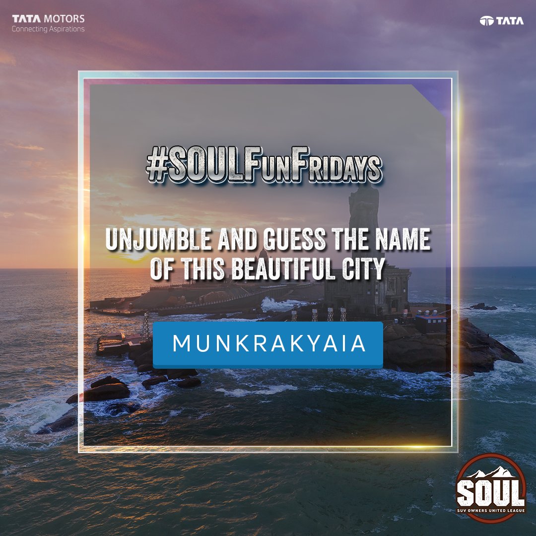 TataMotors_Cars's tweet image. Solve this #FunFridays riddle if you are a true travel enthusiast!

Unjumble the given letters and let us know your answers in the comments below.

#DriveWithSOUL #SOULFunFridays #ConnectWithSOUL #AboveAll #TataHarrier #Harrier #TataSafari #Safari #Puzzle #Quiz #Unjumbled