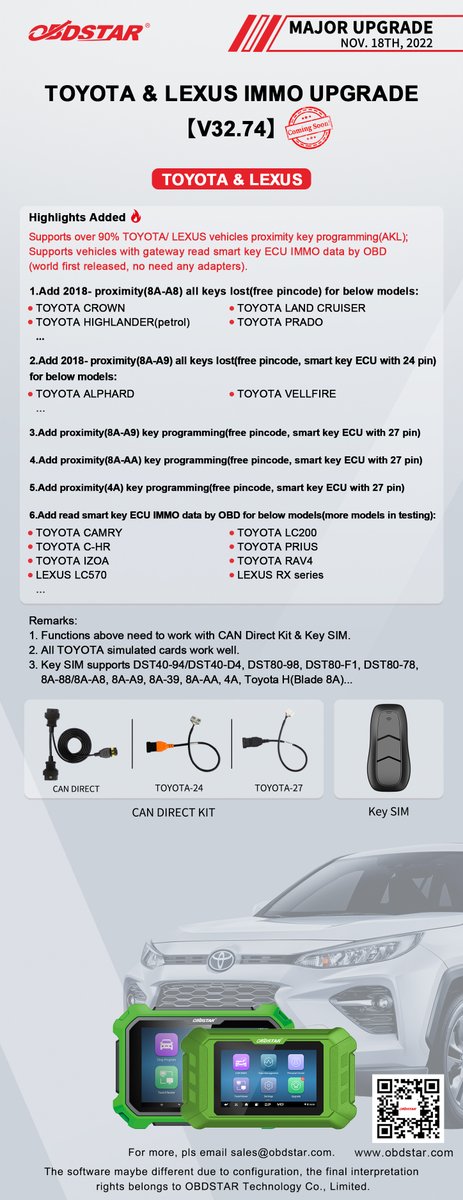 ObdstarTec's tweet photo. #OBDSTAR #Car #IMMO #ComingSoon
#MajorUpgrade
TOYOTA &amp; LEXUS IMMO UPGRADE【V32.74】

#Immo #antitheft #immoblizer #keyprogramming #KeyMasterDpPlus #KeyMaster5 #autorepair #locksmiths #TOYOTA #LEXUS https://t.co/kh7IXr7OW7
