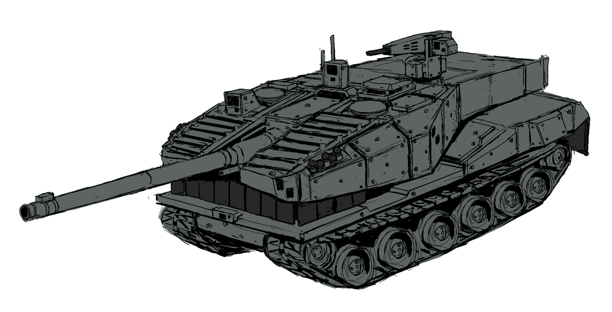 「架空戦車のアイディアスケッチ 
MBT-70のように乗員を砲塔に集中配置するタイ」|ジッツのイラスト