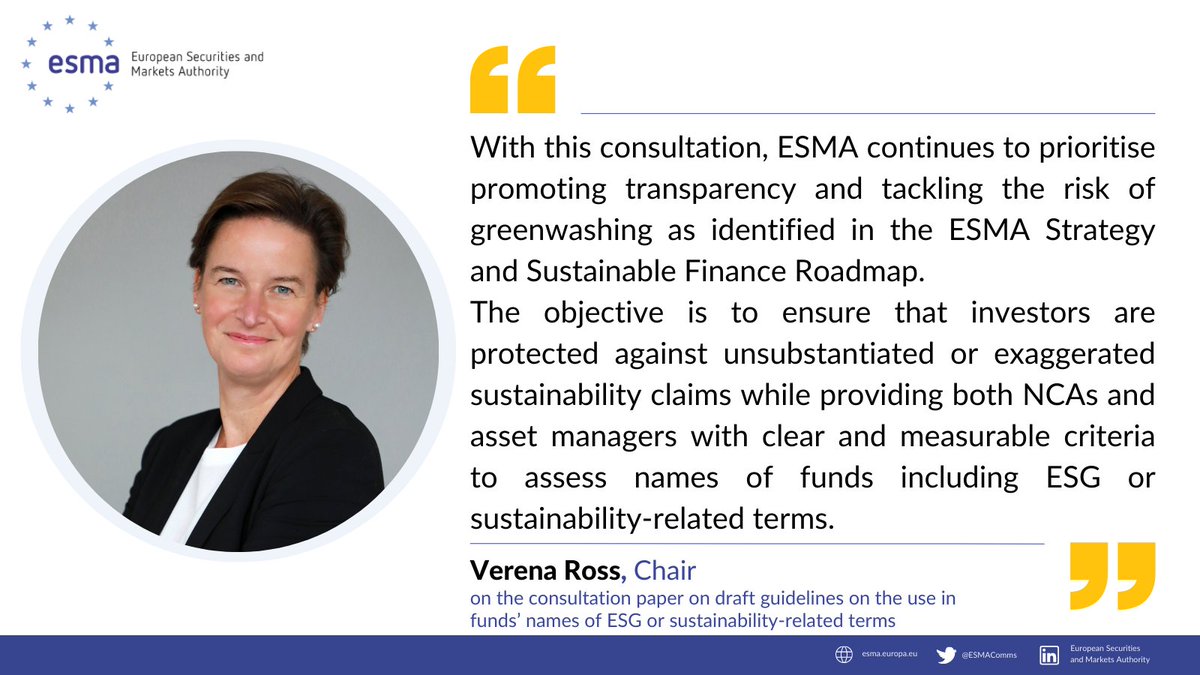 #ESMA seeks input on the use of #ESG or sustainability-related terms in funds’ names → europa.eu/!wVTJMB

⏳ 20 Feb. 2023

💡 ESG and #sustainability-related terms in funds’ names should be supported by evidence of sustainability characteristics not to mislead investors.