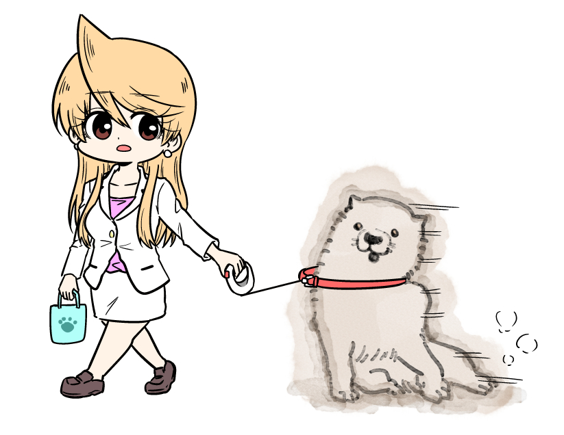 1girl walking dog leash blonde hair skirt long hair  illustration images