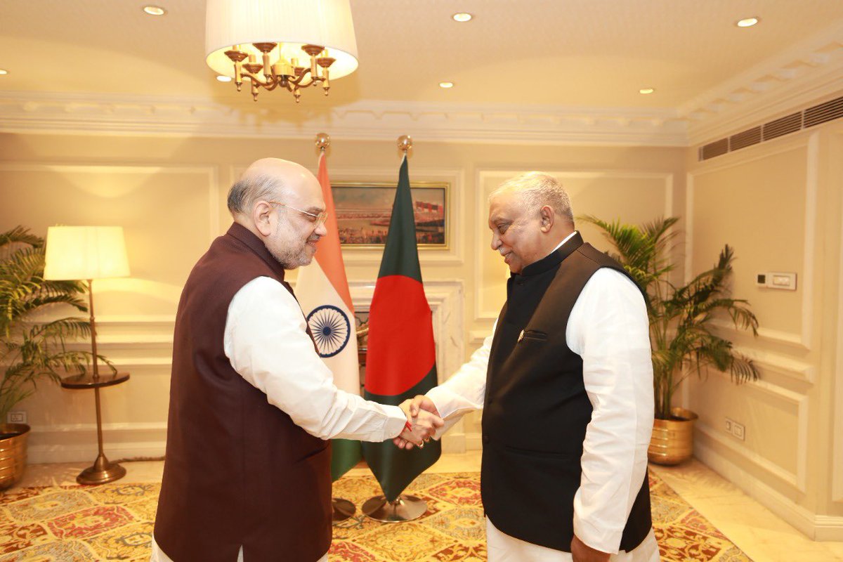 HMOIndia's tweet photo. Union Home Minister @AmitShah met H.E. Asaduzzaman Khan, the Home Minister of Bangladesh on the sidelines of the ‘No Money for Terror’ conference. Both sides had productive exchanges on border management and common security-related issues. https://t.co/5ix6DJfNMC