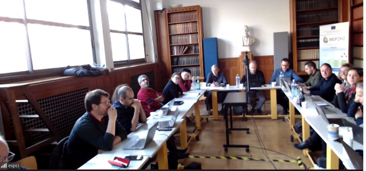 EU_ESPCI's tweet photo. @MOF_IMAP coordinates the #MOF2H2 project funded by @HorizonEU. The kick-off meeting took place from 17th - 18th November and brought together all members and partners of the consortium at @ESPCI_Paris in Paris. They discussed objectives, research activities and management tools. https://t.co/TQRfzhCNsW