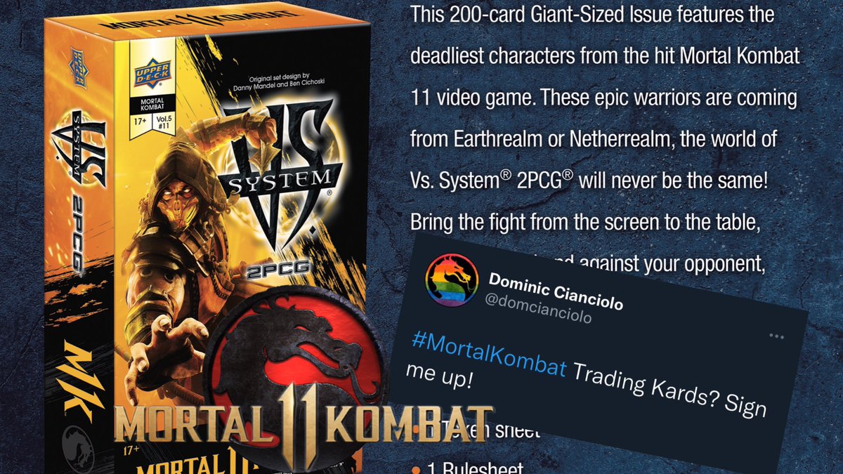 FutureBoyWho2's tweet photo. Mortal Kombat 11 Trading Cards From 2PCG Coming 2023 EarthRealm Vs NetherRealm #MortalKombat #MortalKombat11 #2PCG #TradingCards if you love cards and mk this is right up your alley ๐
See here:https://t.co/Wndq2wpcMb via @YouTube https://t.co/Hd5Jynx02n