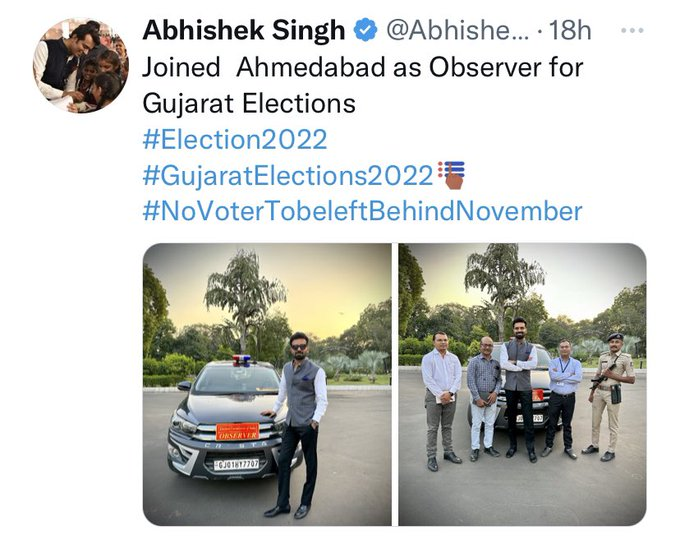 Jamawat3's tweet image. ગુજરાતઃ IAS ઓફિસર અભિષેક સિંહને ગુજરાત ચૂંટણીમાંથી હટાવવામાં આવ્યા 
અધિકારીએ ગાડી સાથેની તસવીરો Instagram પર શેર કરી જેમાં લખેલું હતું કે joined ahmedabad as observer for gujarat election 
ચૂંટણી કમિશનરે કહ્યું, "આ પબ્લિસિટી સ્ટંટ છે"
#abhisheksingh #IAS