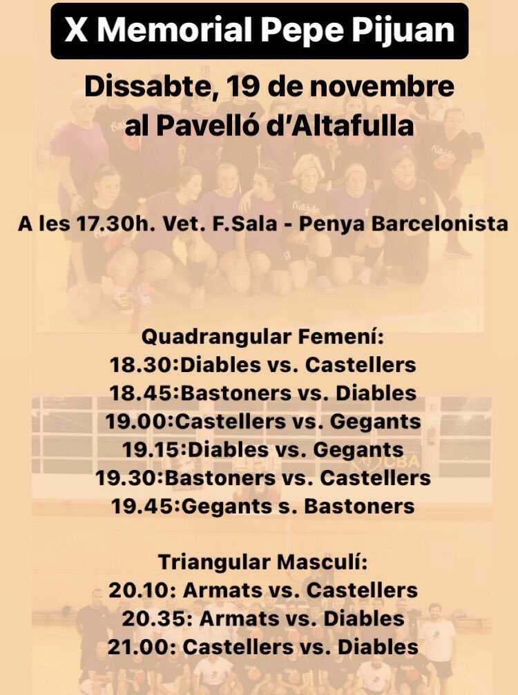 ⚽️Demà tindrà lloc 10è Memorial Pepe Pijuan,Pavelló d’Altafulla.A partir 17:30h💪🏼amb participació equips femenins <a href="/DiablesAltf/">GrupDiablesAltafulla</a>, Bastoners d'Altafulla,Gegants i nans d’Altafulla, i Castelleres d’Altafulla👉🏻I equips masculins d Armats d’Altafulla,Diables d’Altafulla i Castellers🥅