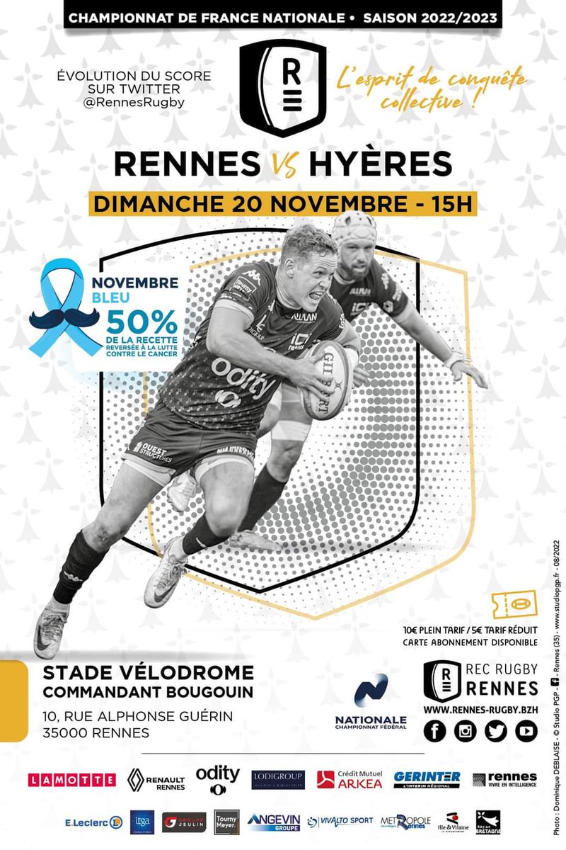 LeXVIduREC's tweet photo. Remake de la finale de #Fed1 de l'an passé, ça va cogner sec. Tous au Vélodrome pour soutenir @RennesRugby ⚫️⚪️

🆚 @RCHCCrugby 
⌚️ Dimanche 20/11 - 15h
🏆 @RugbyNationale J10
💻 @RugbyZoneTV &amp; le compte twitter du REC

#RECvRCH #RECRCHCC #Nationale #bzhrugby #araok #krogit https://t.co/1peoKQ0X4g