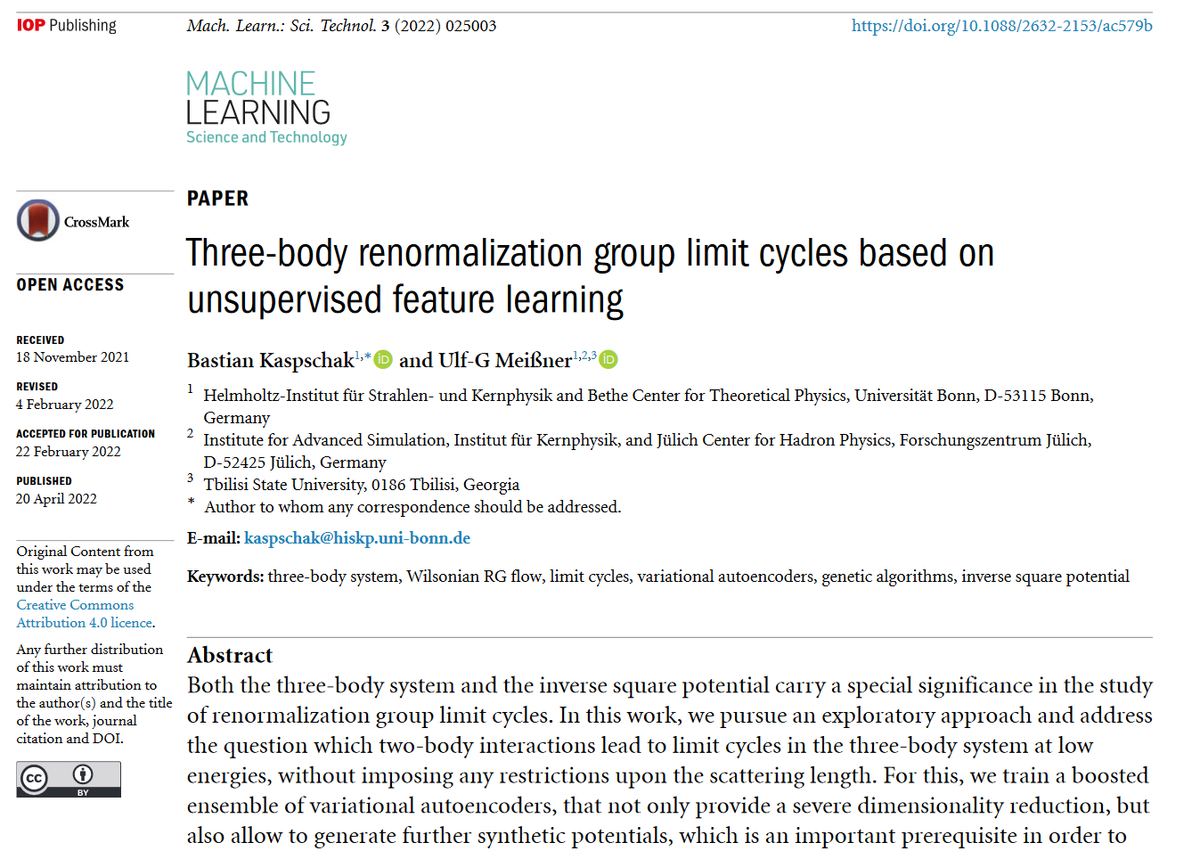 MLSTjournal's tweet photo. 'Three-body #renormalization group limit cycles based on unsupervised feature learning' by Bastian Kaspschak and Ulf-G Meißner @UniBonn @fz_juelich @TbilisiU hits 500 downloads! https://t.co/3t9KAAHNff #machinelearning #HEP #nuclear #fieldtheory #compphys #neuralnetworks #HPC #AI https://t.co/LaeCw0NPcE