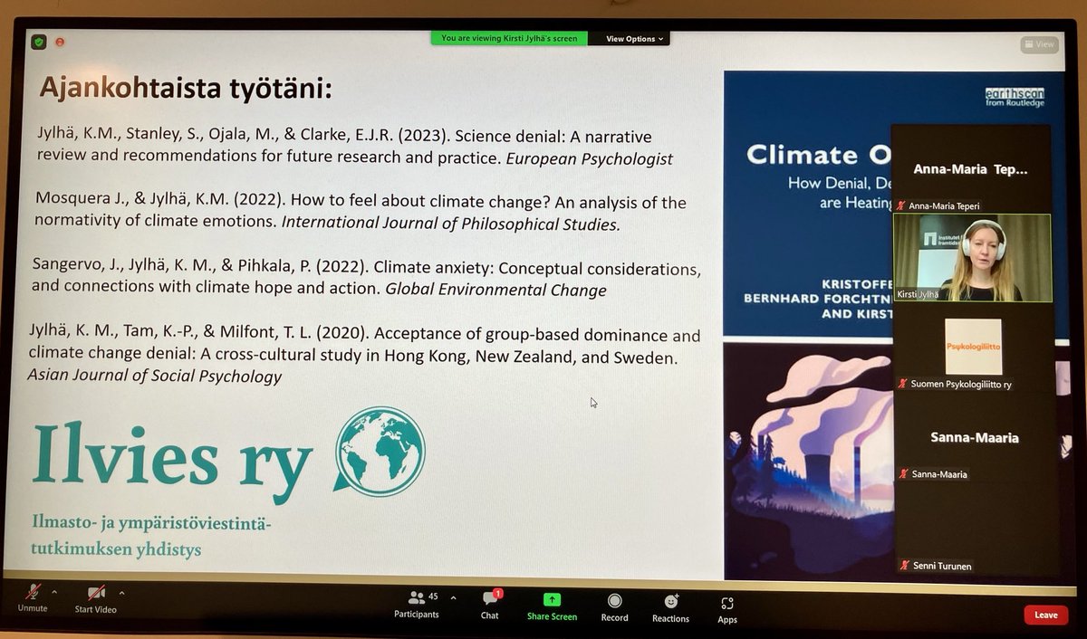 AnnaMariaTeperi's tweet photo. Ilmastonmuutokseen liittyy runsaasti tunteita, ahdistuksesta toivoon. Tietoisuus on jo hyvin kasvanut, siihen halutaan vaikuttaa, työtä kannattaa jatkaa. Ekopsykologian päivän alustus #kirstijylhä ⁦@tyoterveys⁩ #tilke #ilmastonmuutos ⁦@Psykologiliitto⁩ https://t.co/0zx86qWbh2