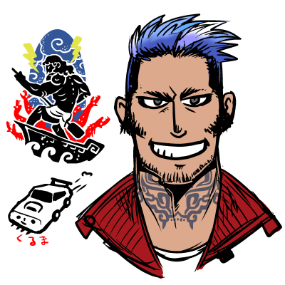 1boy male focus tattoo smile facial hair motor vehicle ground vehicle  illustration images