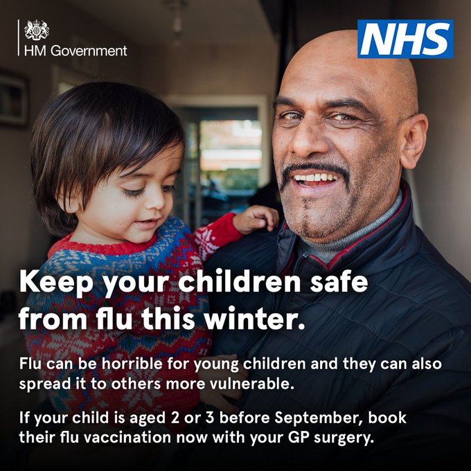 Children aged 2 or 3 before September are eligible for a free flu nasal spray vaccine this year. Book your child’s appointment now with your GP surgery.