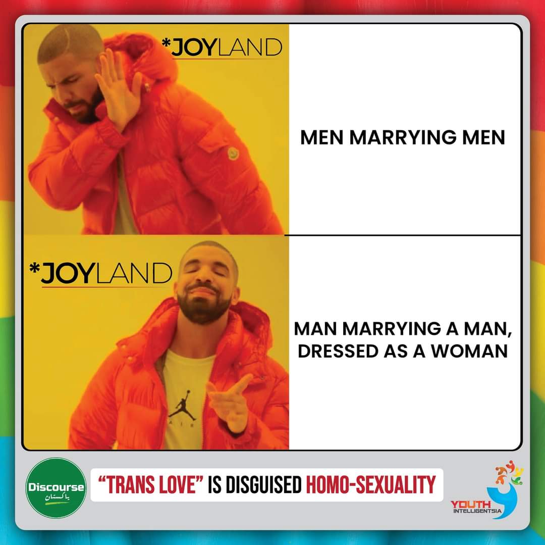 Askshaheerseo's tweet photo. Joyland producers claiming they don't support Homosexuality while promoting Trans Love
If you are supporting #JoyLand be reminded
In the film, a married man falls in love with a trans male.

A Trans male,is biologically male, simply behaving like a woman.
#BanJoyland https://t.co/QheqVqT4v5
