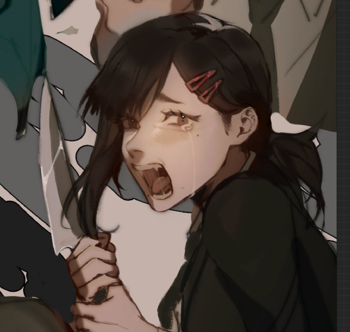 higashiyama kobeni 1girl knife crying hair ornament open mouth hairclip holding knife  illustration images