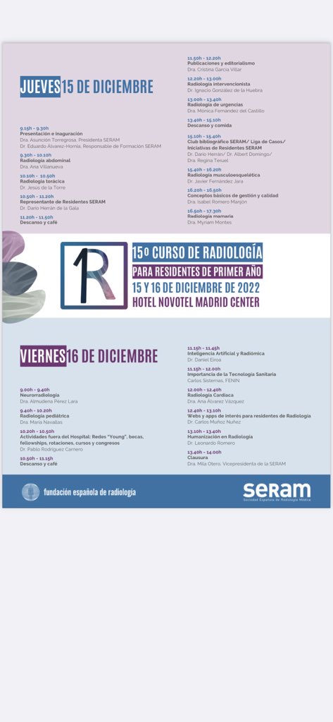 Será un placer participar en el 15 Curso de Radiología para residentes de 1er año, organizado por la @SERAM_RX para mostrar a los @residentesSERAM el apasionante mundo de ma Radiología Músculo-Esquelética  @MskSerme 

#radiologia #radiologiamsk #serme #seram #radiology