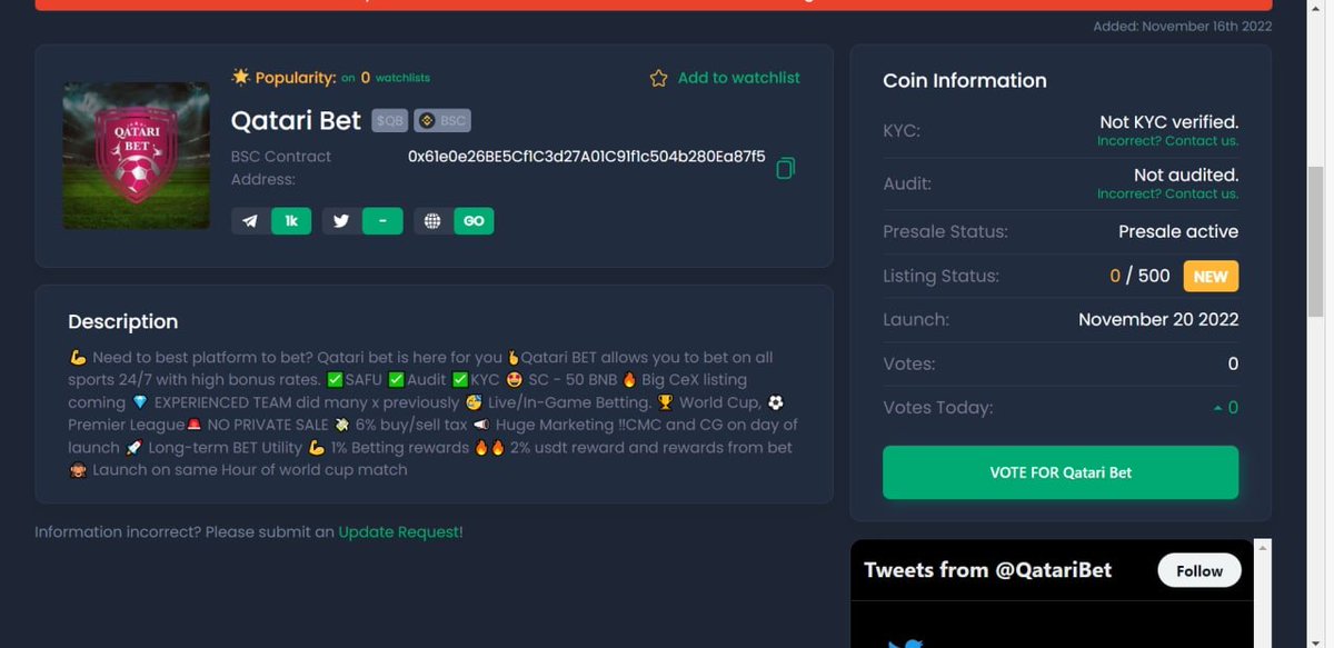 Qatari Bet is now listed on coinsniper.net, make sure to add it in your watchlist !! 💪

Link -&gt; coinsniper.net/coin/41759