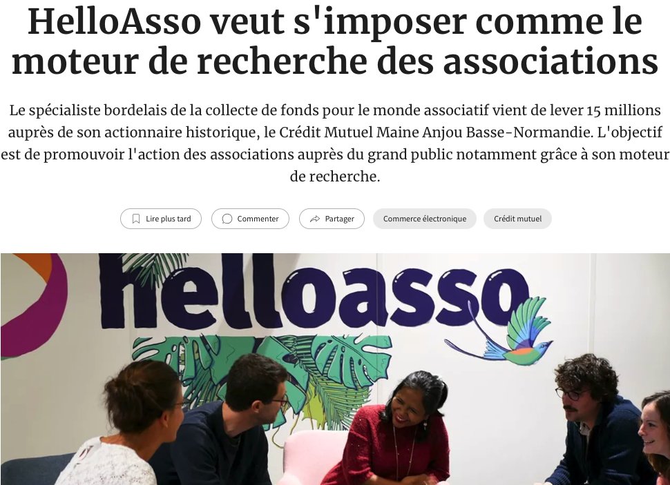 BIG UP à <a href="/helloasso/">HelloAsso</a>  qui lève 15 M€ pour renforcer son #impact auprès des #associations 🙌 🙌

"aider au dvt des #associations qui créent un lien inestimable dans la société"
"faire du numérique un levier pour développer l’intérêt général."  <a href="/Lea_Thom/">Lea Thomassin</a> 
lesechos.fr/pme-regions/no…