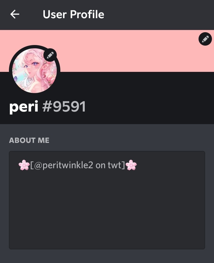 Peritwinkle2's tweet photo. Been gone for a bit and idk whats happening, but everyone is sharing their other socials so here's mine in case something happens to twt :
Tumblr: https://t.co/RUekXip4CJ
Discord: in the pic https://t.co/9yUdlr6UQO