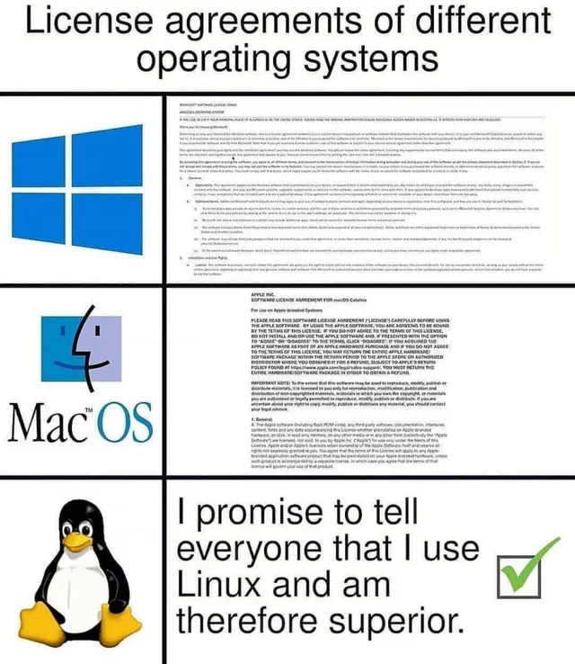 linux_deepin's tweet photo. Linux vs macOS vs windows EULA.

what do you think?🤔#deepin #Linux  #opensource https://t.co/LA8QLs5nar
