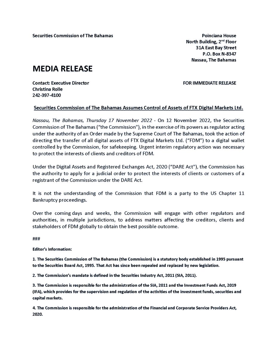 Securities Commission of The Bahamas Assumes Control of Assets of FTX Digital Markets Ltd.