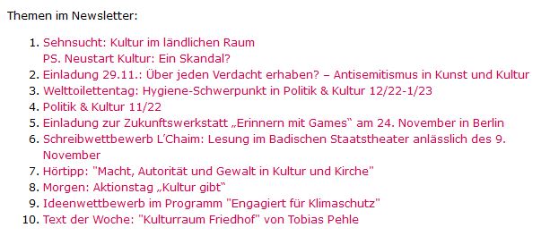 Der 46. kulturpolitische Wochenreport 2022 von <a href="/olaf_zimmermann/">Olaf Zimmermann</a> ist gerade erschienen. Natürlich auch neues zum "Skandal" um Neustart Kultur und vieles andere mehr. Hier kann der Wochenreport gelesen werden: tb5c0875c.emailsys1a.net/mailing/5/6015… <a href="/BundesKultur/">BKM Kultur & Medien</a> <a href="/dlfkultur/">Deutschlandfunk Kultur</a> <a href="/DLF/">Deutschlandfunk</a>